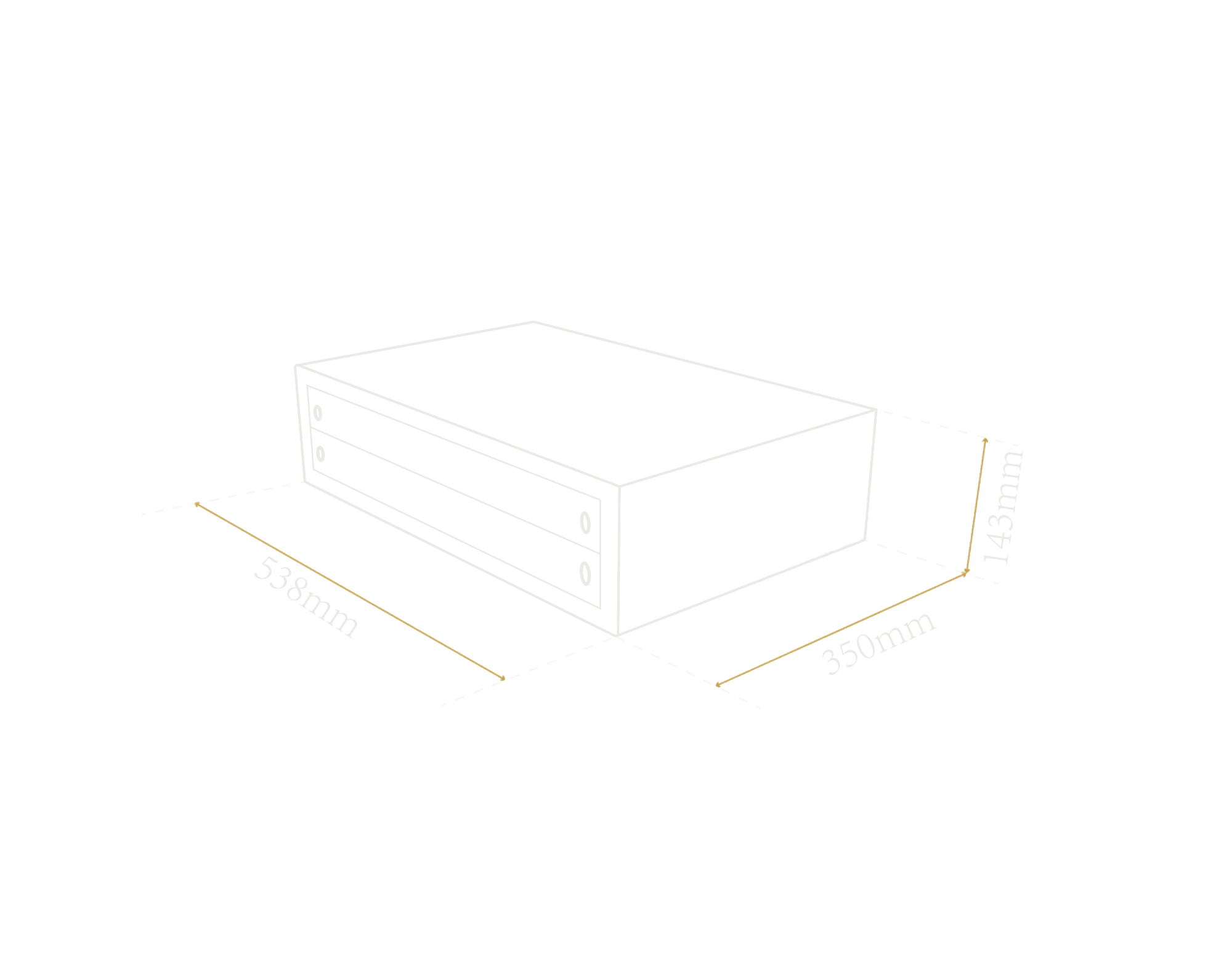 2Uラックキャビネット 寸法図（W538 × D350 × H143 mm）
